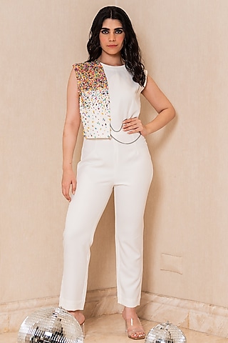White Armani Crepe Embroidered Jumpsuit by XXVII XI