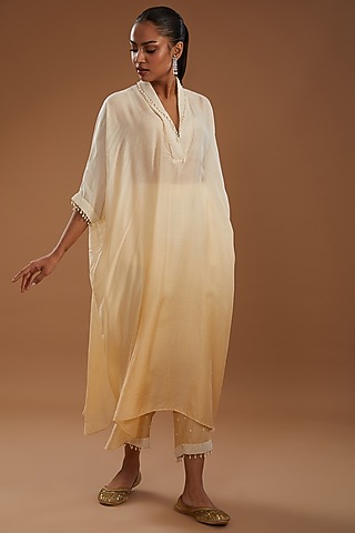 Yellow Ombre Cotton Silk Hand Embroidered Kurta Set by YagaanaByP