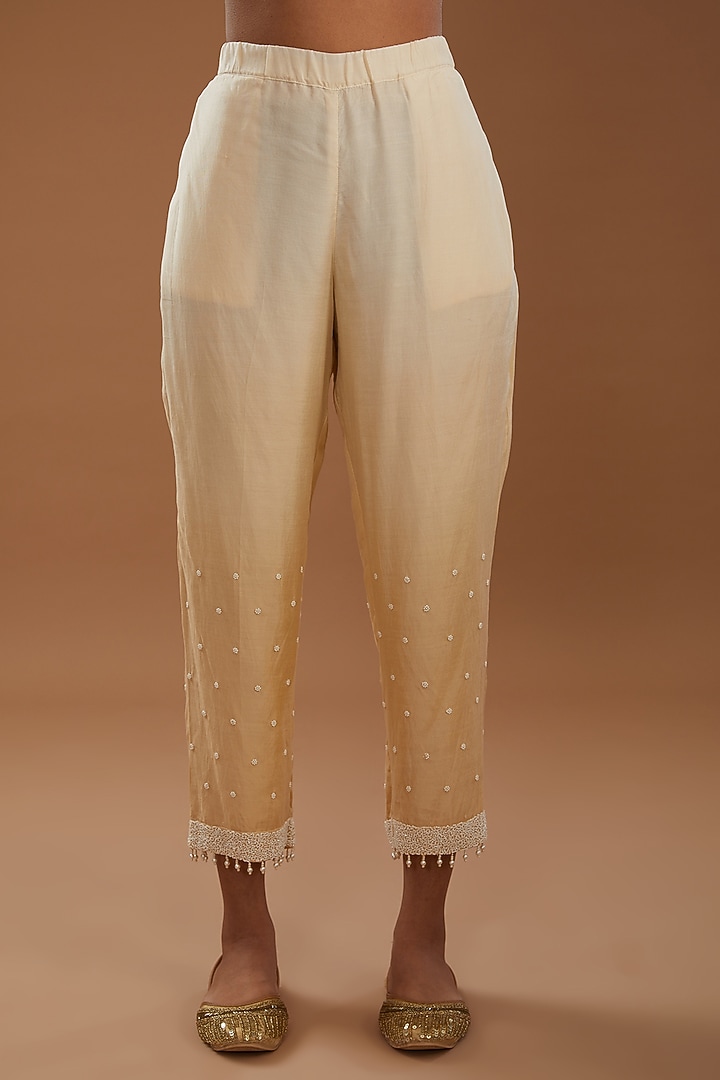 Yellow Ombre Cotton Silk Hand Embroidered Kurta Set by YagaanaByP at Pernia's Pop Up Shop
