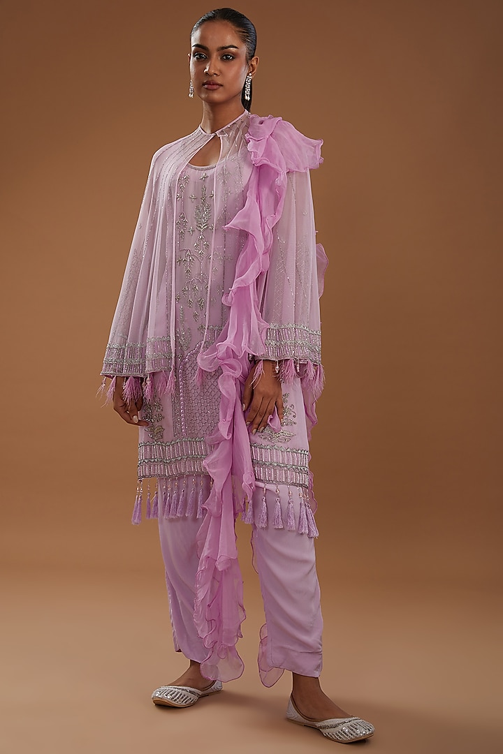 Lavender-Pink Organza Hand Embroidered Kurta Set With Cape by YagaanaByP
