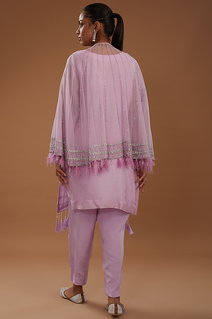 Lavender-Pink Organza Hand Embroidered Kurta Set With Cape by YagaanaByP at Pernia's Pop Up Shop