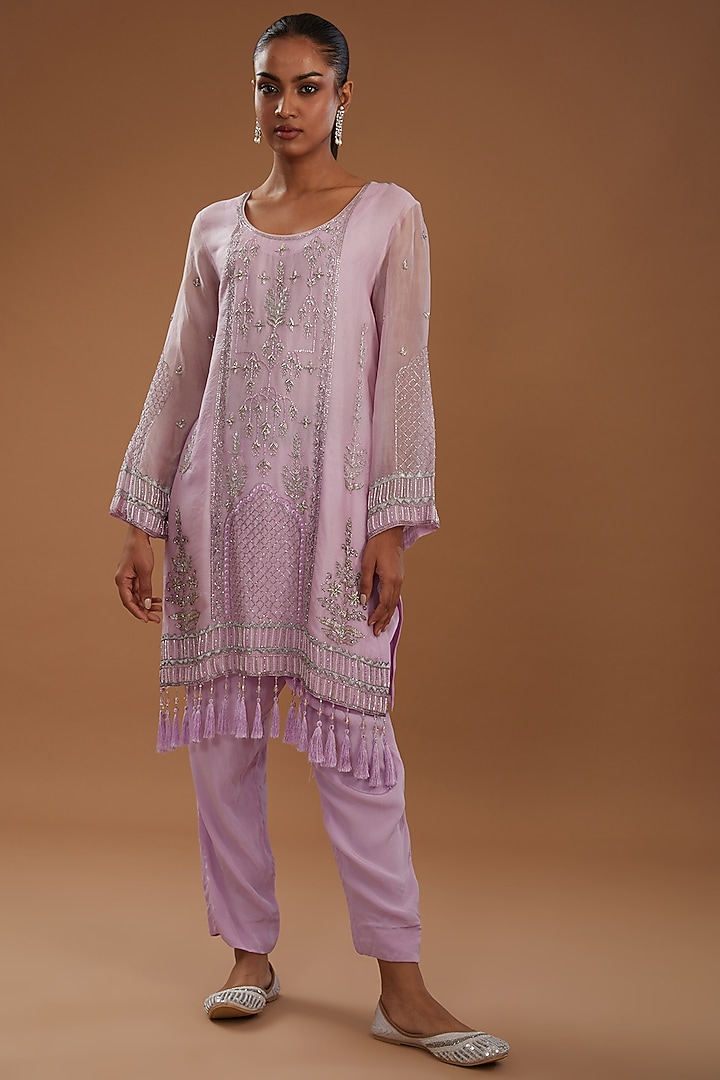 Lavender-Pink Organza Hand Embroidered Kurta Set With Cape by YagaanaByP at Pernia's Pop Up Shop