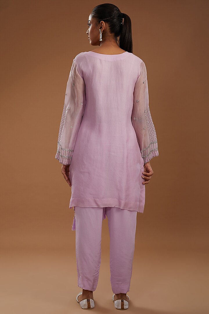 Lavender-Pink Organza Hand Embroidered Kurta Set With Cape by YagaanaByP at Pernia's Pop Up Shop