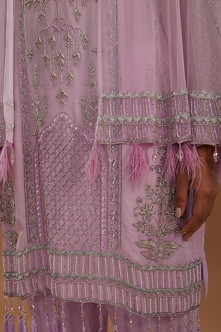 Lavender-Pink Organza Hand Embroidered Kurta Set With Cape by YagaanaByP at Pernia's Pop Up Shop