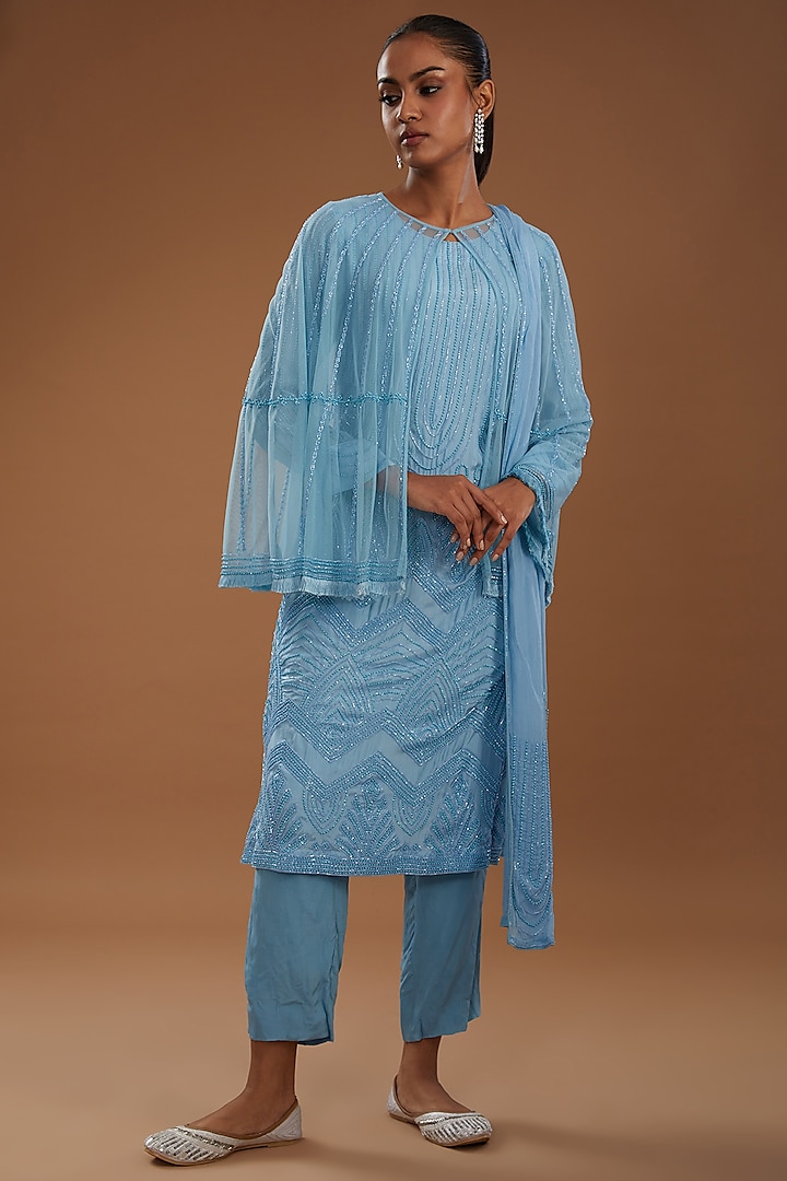 Ice Blue Crepe Hand Embroidered Kurta Set With Cape by YagaanaByP