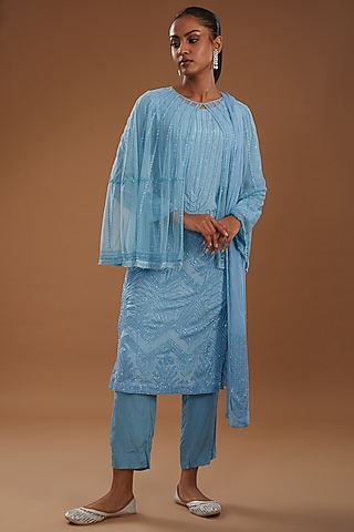 Ice Blue Crepe Hand Embroidered Kurta Set With Cape by YagaanaByP