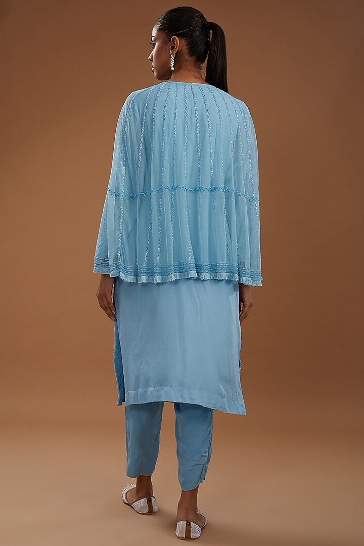 Ice Blue Crepe Hand Embroidered Kurta Set With Cape by YagaanaByP at Pernia's Pop Up Shop