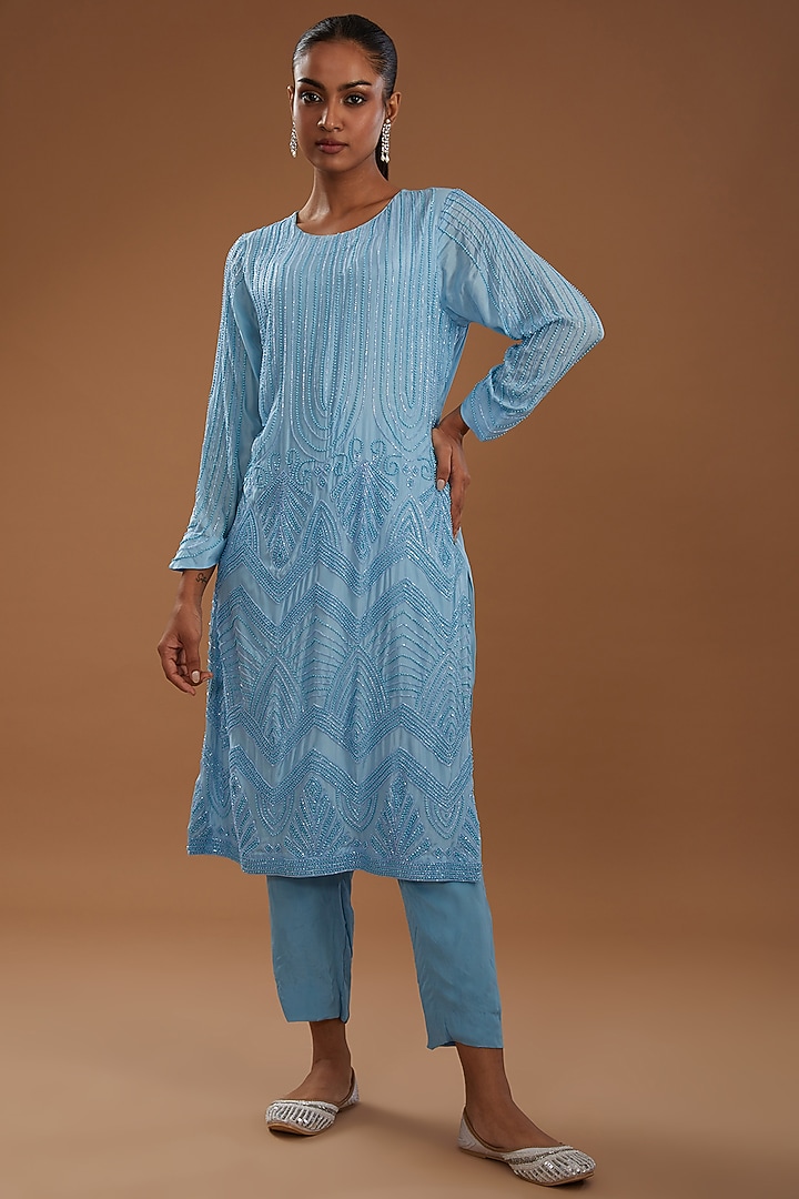 Ice Blue Crepe Hand Embroidered Kurta Set With Cape by YagaanaByP at Pernia's Pop Up Shop
