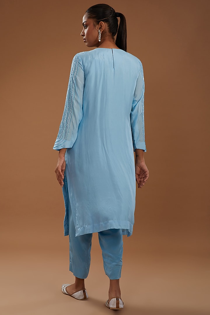 Ice Blue Crepe Hand Embroidered Kurta Set With Cape by YagaanaByP at Pernia's Pop Up Shop
