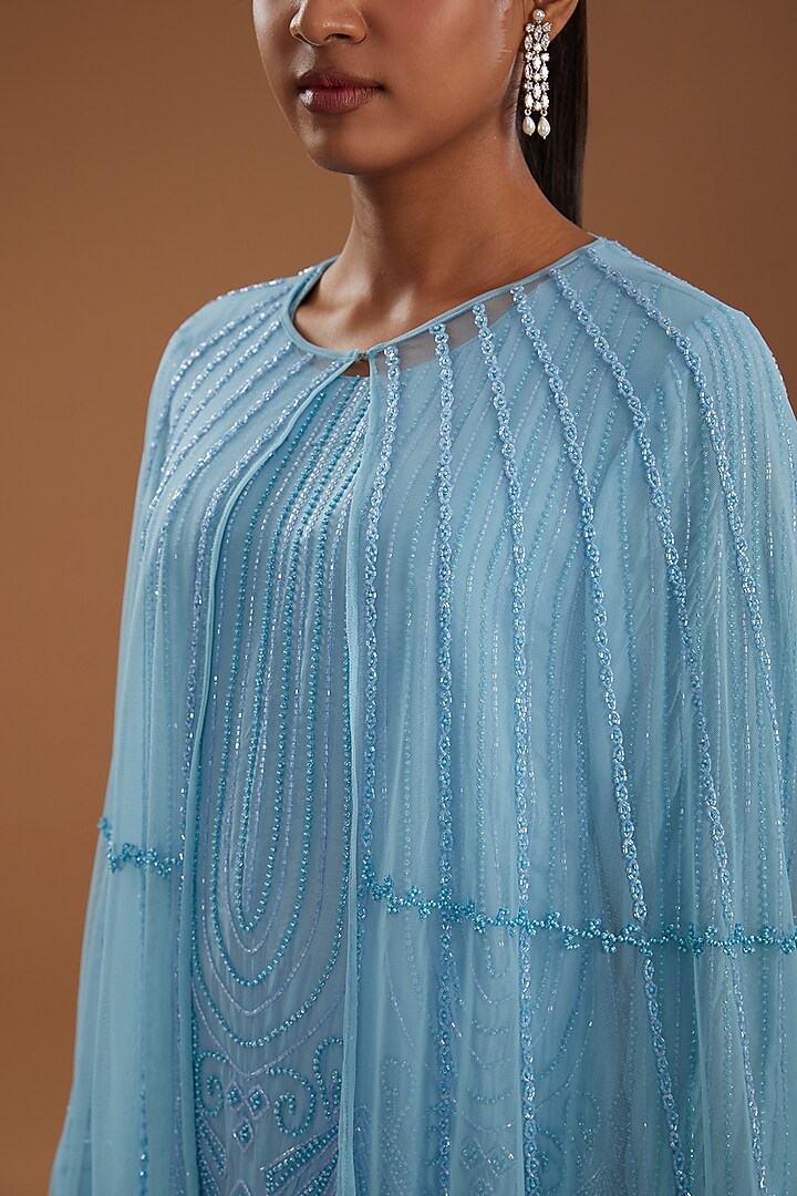 Ice Blue Crepe Hand Embroidered Kurta Set With Cape by YagaanaByP at Pernia's Pop Up Shop