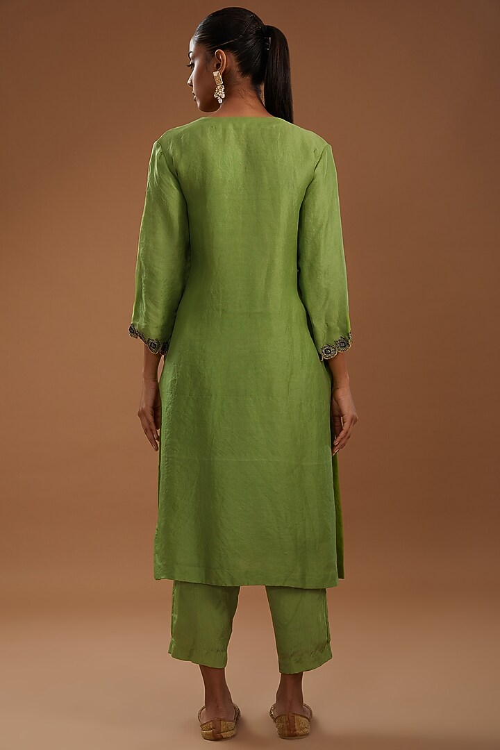Green Organza Hand Embroidered Kurta Set by YagaanaByP at Pernia's Pop Up Shop