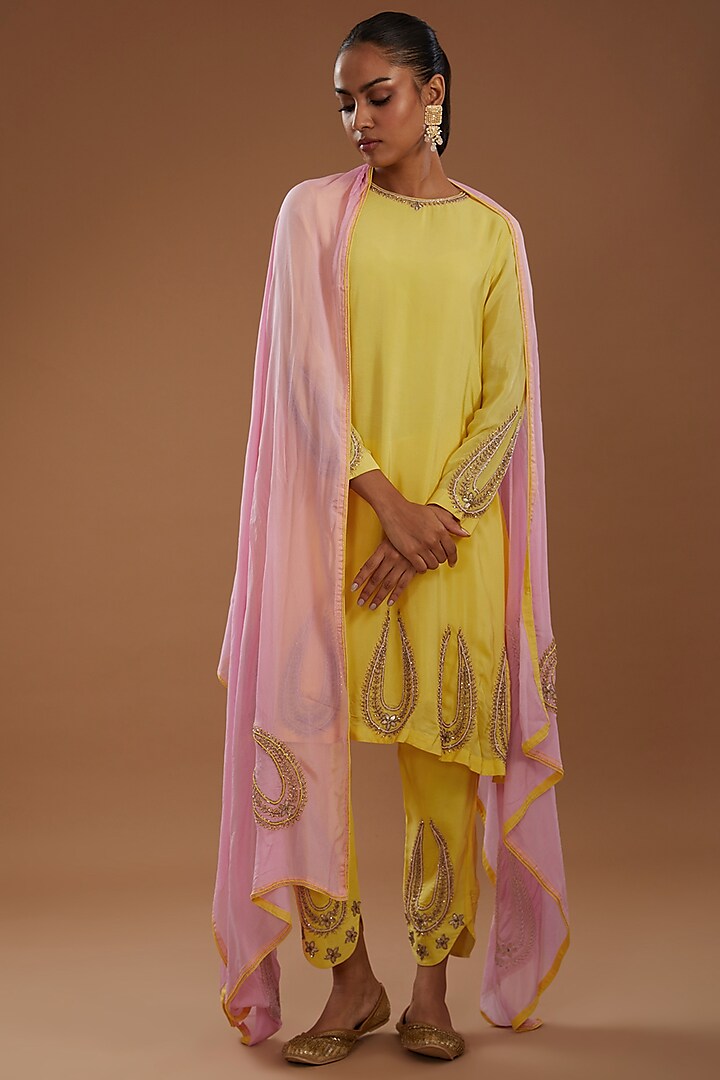 Yellow Crepe A-Line Hand Embroidered Kurta Set by YagaanaByP