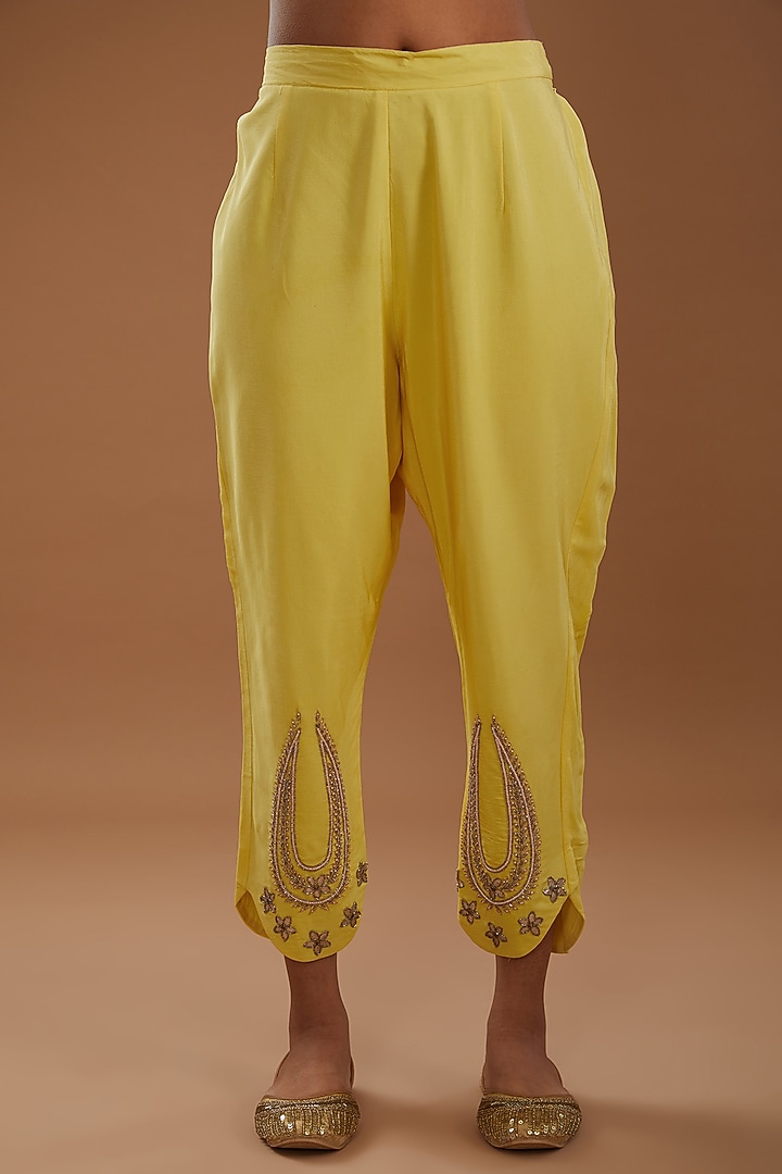 Yellow Crepe A-Line Hand Embroidered Kurta Set by YagaanaByP at Pernia's Pop Up Shop