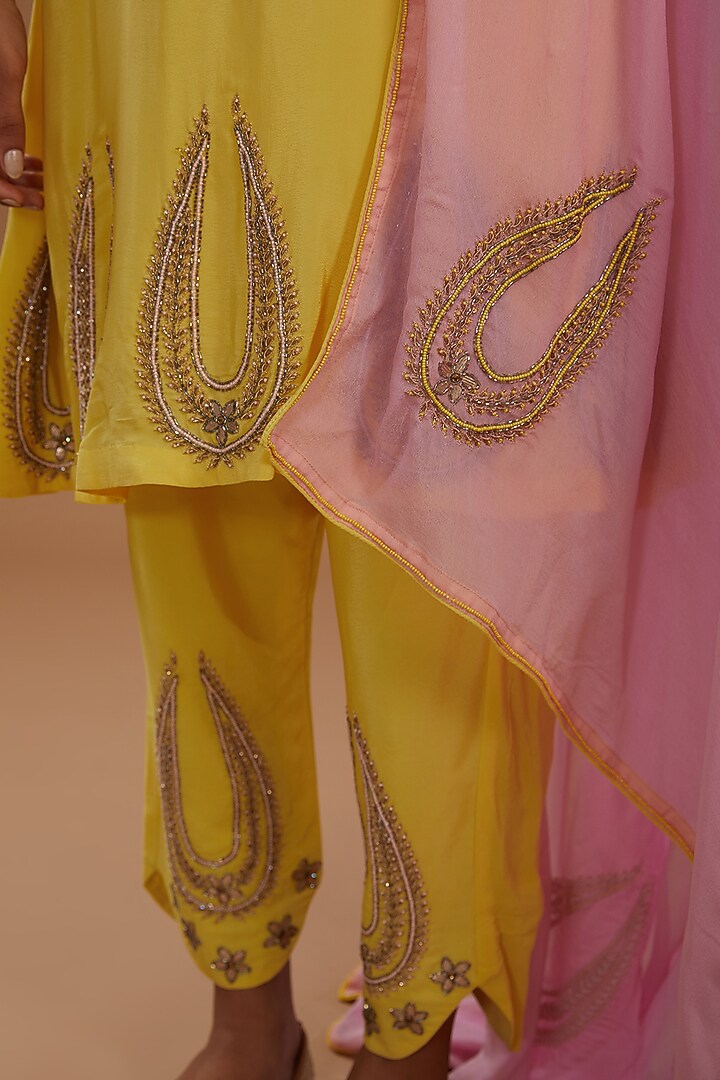 Yellow Crepe A-Line Hand Embroidered Kurta Set by YagaanaByP at Pernia's Pop Up Shop