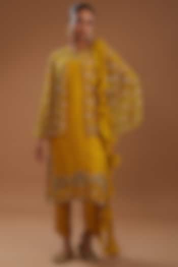 Mustard Organza Hand Embroidered Kurta Set With Cape by YagaanaByP