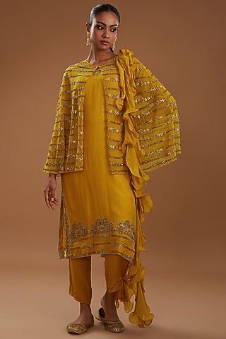 Mustard Organza Hand Embroidered Kurta Set With Cape by YagaanaByP