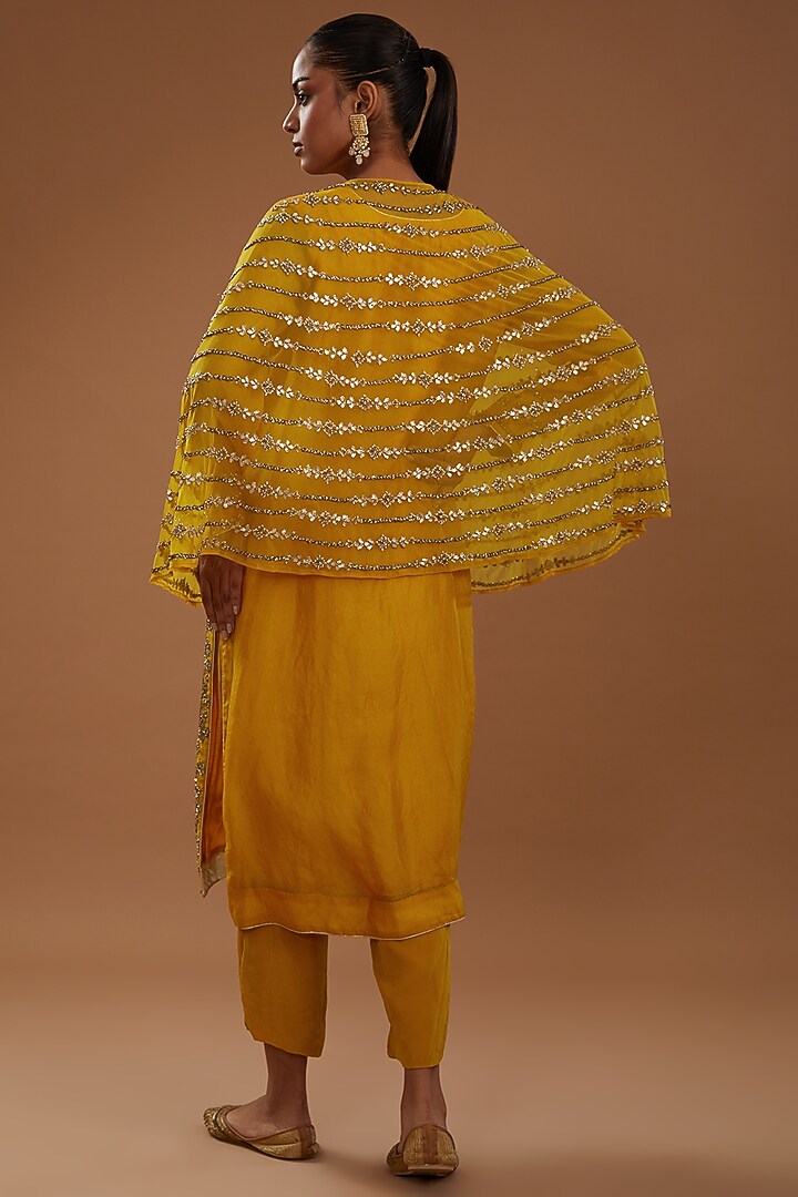 Mustard Organza Hand Embroidered Kurta Set With Cape by YagaanaByP at Pernia's Pop Up Shop