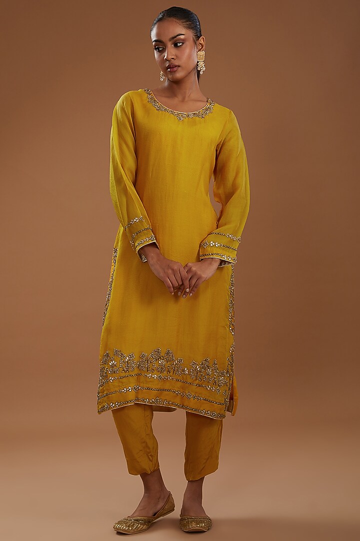 Mustard Organza Hand Embroidered Kurta Set With Cape by YagaanaByP at Pernia's Pop Up Shop