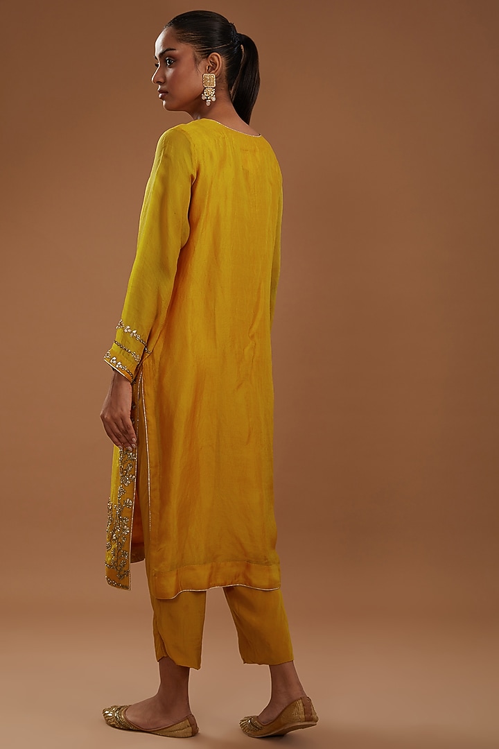 Mustard Organza Hand Embroidered Kurta Set With Cape by YagaanaByP at Pernia's Pop Up Shop