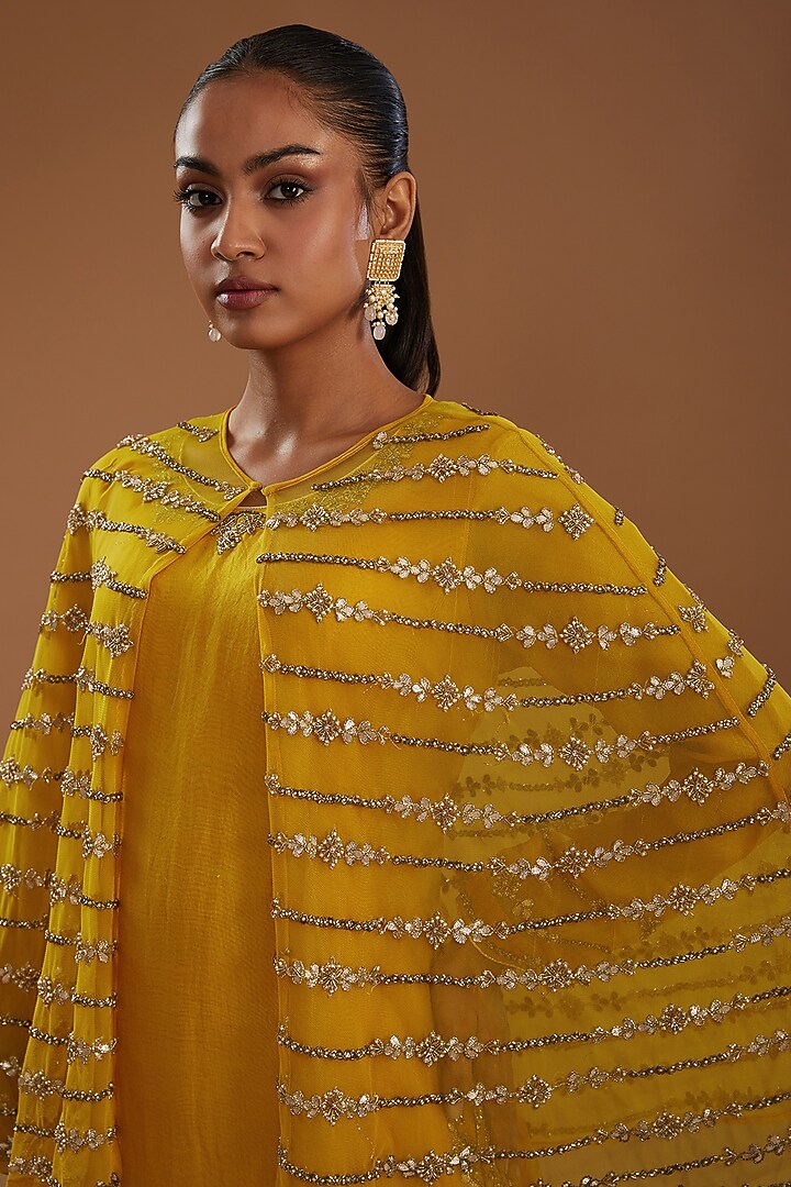 Mustard Organza Hand Embroidered Kurta Set With Cape by YagaanaByP at Pernia's Pop Up Shop