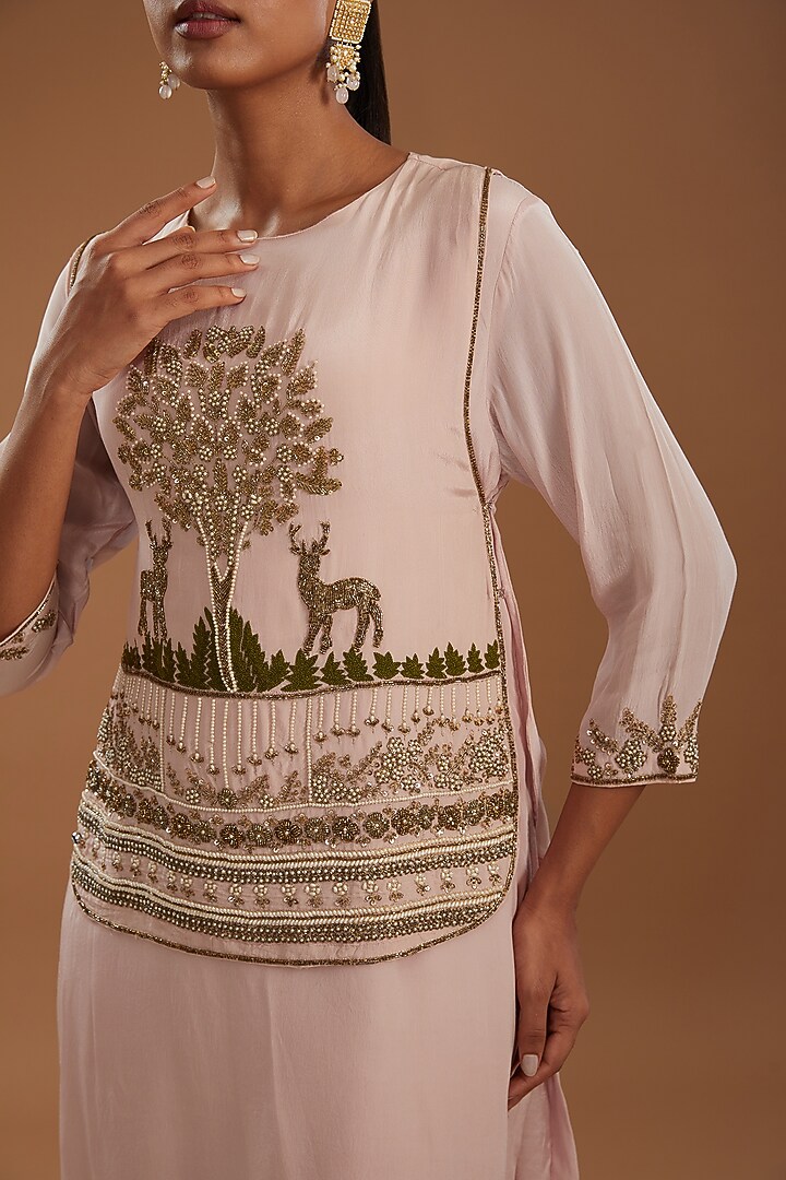 Baby Pink Crepe Hand Embroidered Jacket Set by YagaanaByP at Pernia's Pop Up Shop
