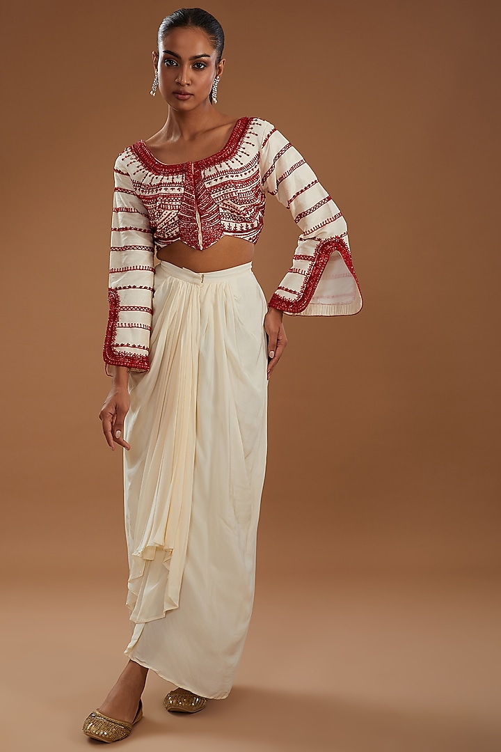 White Crepe Dhoti Skirt Set by YagaanaByP