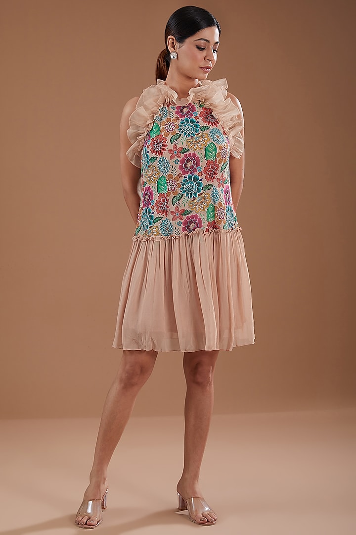 Multi-Colored Georgette Floral Printed & Hand Embroidered Ruffled Dress by YagaanaByP