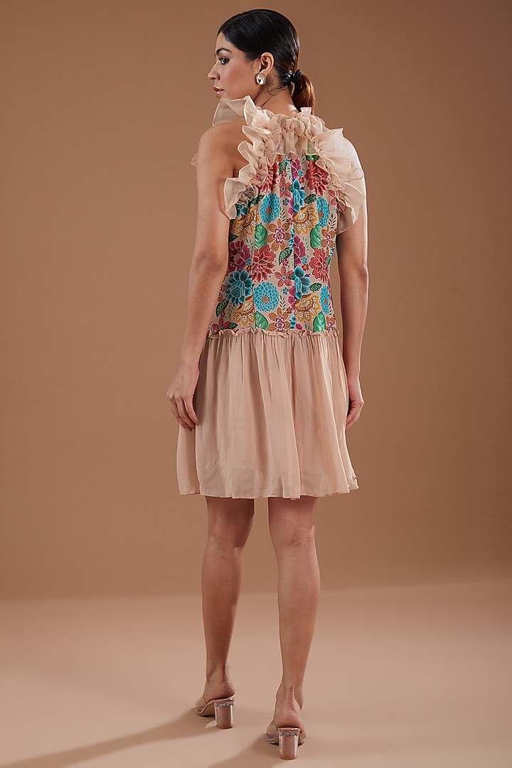 Multi-Colored Georgette Floral Printed & Hand Embroidered Ruffled Summer Dress by YagaanaByP at Pernia's Pop Up Shop