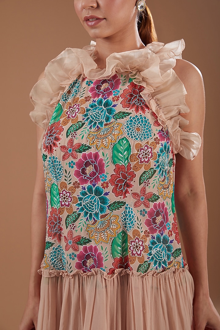 Multi-Colored Georgette Floral Printed & Hand Embroidered Ruffled Summer Dress by YagaanaByP at Pernia's Pop Up Shop