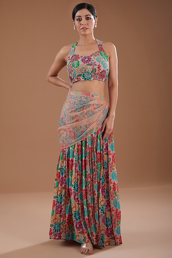Multi-Colored Georgette Floral Printed & Hand Embroidered Pleated Skirt Set by YagaanaByP