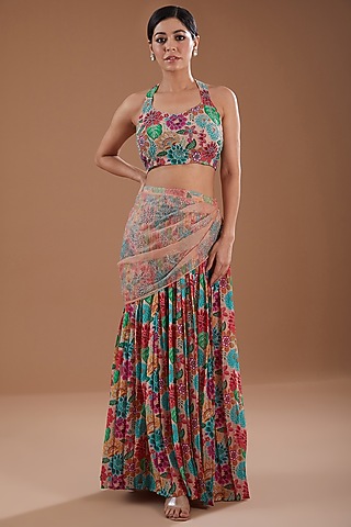 Multi-Colored Georgette Floral Printed & Hand Embroidered Pleated Skirt Set by YagaanaByP