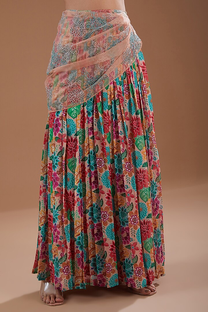Multi-Colored Georgette Floral Printed & Hand Embroidered Pleated Skirt Set by YagaanaByP at Pernia's Pop Up Shop
