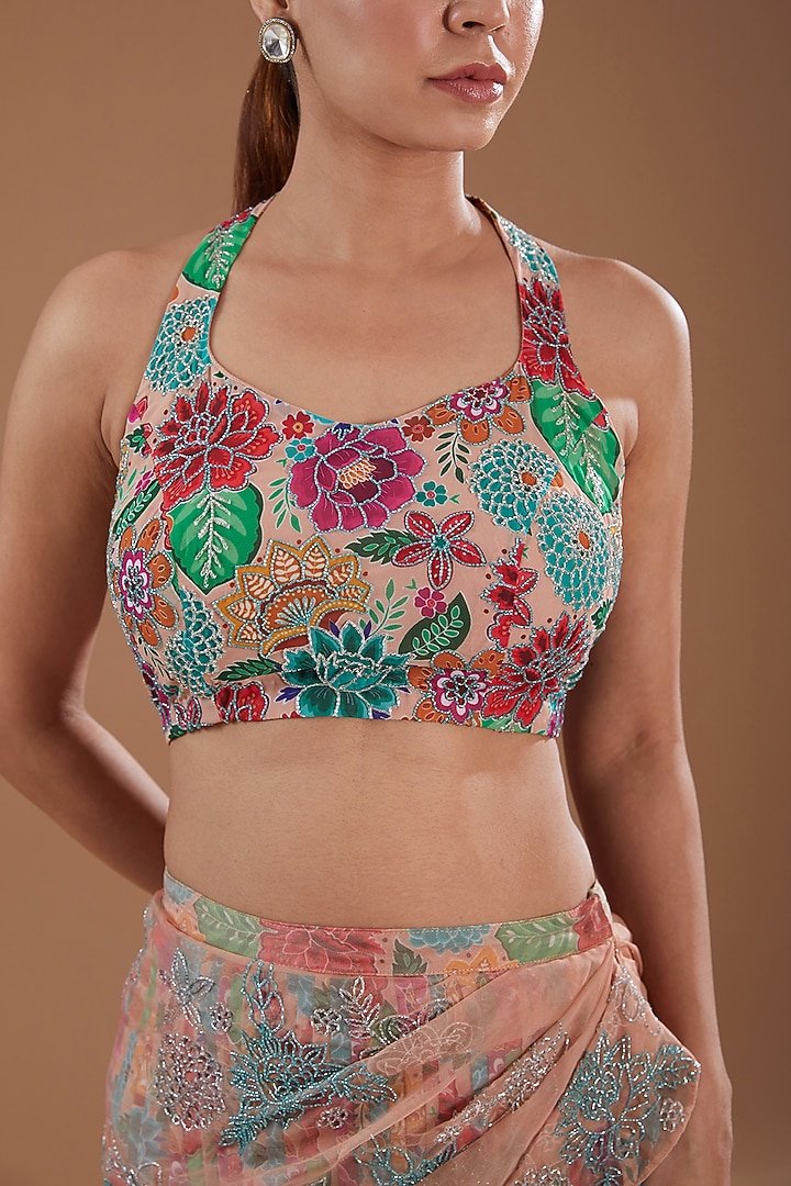 Multi-Colored Georgette Floral Printed & Hand Embroidered Pleated Skirt Set by YagaanaByP at Pernia's Pop Up Shop