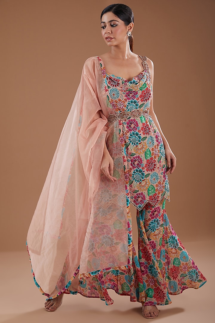 Multi-Colored Georgette Floral Printed & Hand Embroidered Sharara Set by YagaanaByP