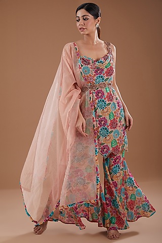 Multi-Colored Georgette Floral Printed & Hand Embroidered Sharara Set by YagaanaByP