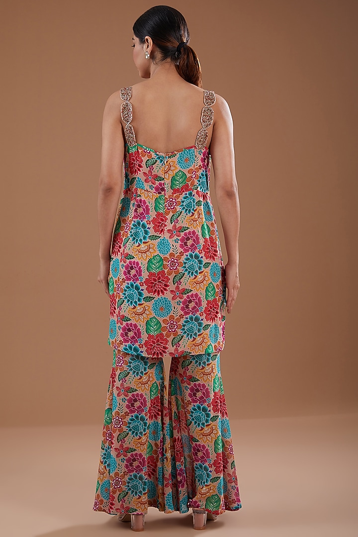 Multi-Colored Georgette Floral Printed & Hand Embroidered Party Wear Sharara Set by YagaanaByP at Pernia's Pop Up Shop