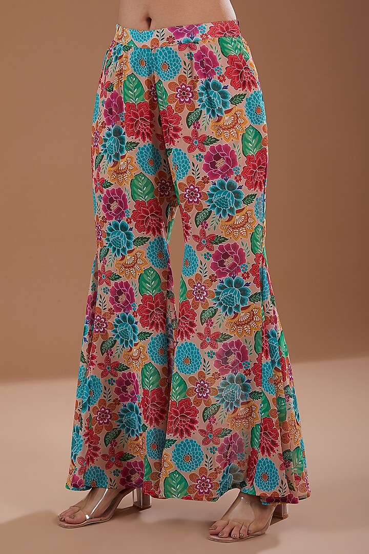 Multi-Colored Georgette Floral Printed & Hand Embroidered Party Wear Sharara Set by YagaanaByP at Pernia's Pop Up Shop