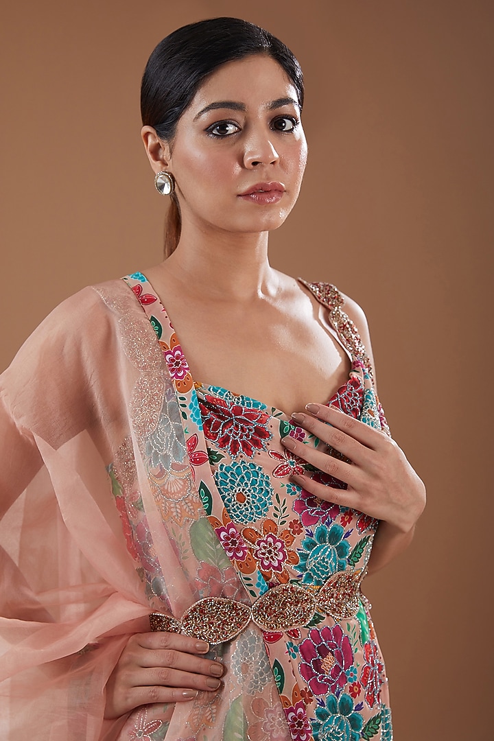 Multi-Colored Georgette Floral Printed & Hand Embroidered Party Wear Sharara Set by YagaanaByP at Pernia's Pop Up Shop