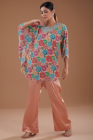 Multi-Colored Georgette Floral Printed & Hand Embroidered Cape Set by YagaanaByP