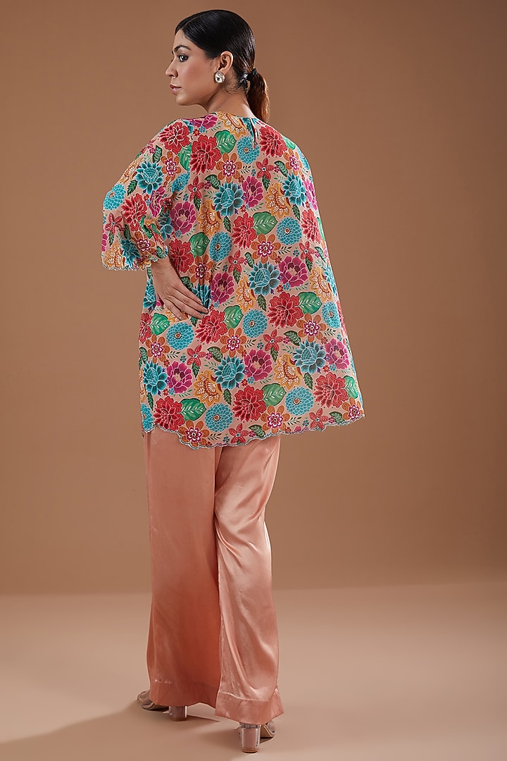 Multi-Colored Georgette Floral Printed & Hand Embroidered Cape Set by YagaanaByP at Pernia's Pop Up Shop