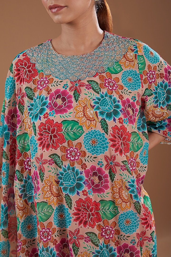 Multi-Colored Georgette Floral Printed & Hand Embroidered Cape Set by YagaanaByP at Pernia's Pop Up Shop