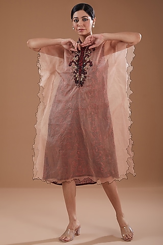 Peach Organza Hand Embroidered Kaftan With Inner by YagaanaByP