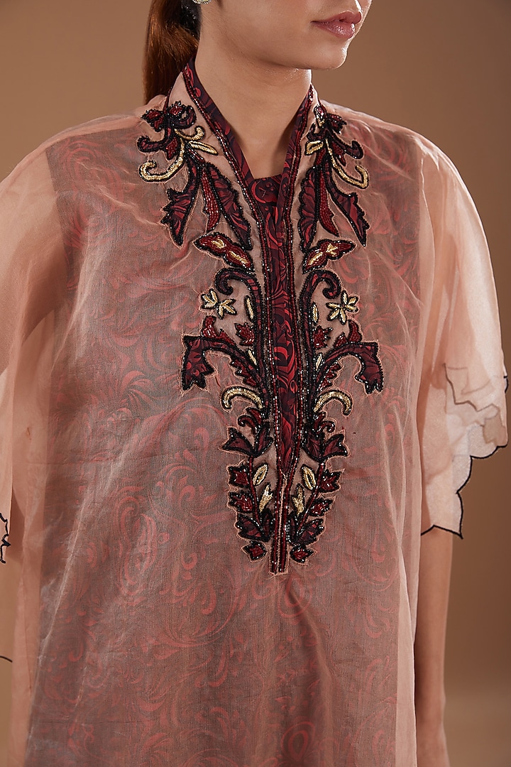 Peach Organza Hand Embroidered Kaftan With Inner by YagaanaByP at Pernia's Pop Up Shop