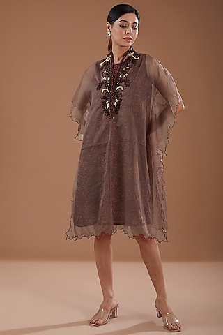 Maroon Organza Hand Embroidered Kaftan by YagaanaByP