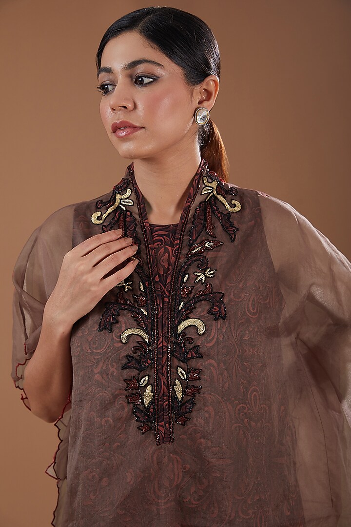 Maroon Organza Hand Embroidered Kaftan by YagaanaByP at Pernia's Pop Up Shop