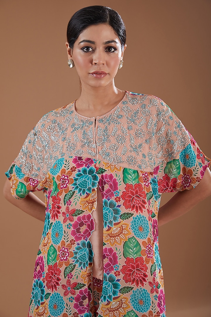 Multi-Colored Georgette Cutwork Hand Embroidered Cape Set by YagaanaByP at Pernia's Pop Up Shop