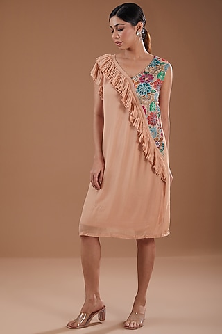Peach Georgette Floral Printed & Hand Embroidered Pleated Dress by YagaanaByP