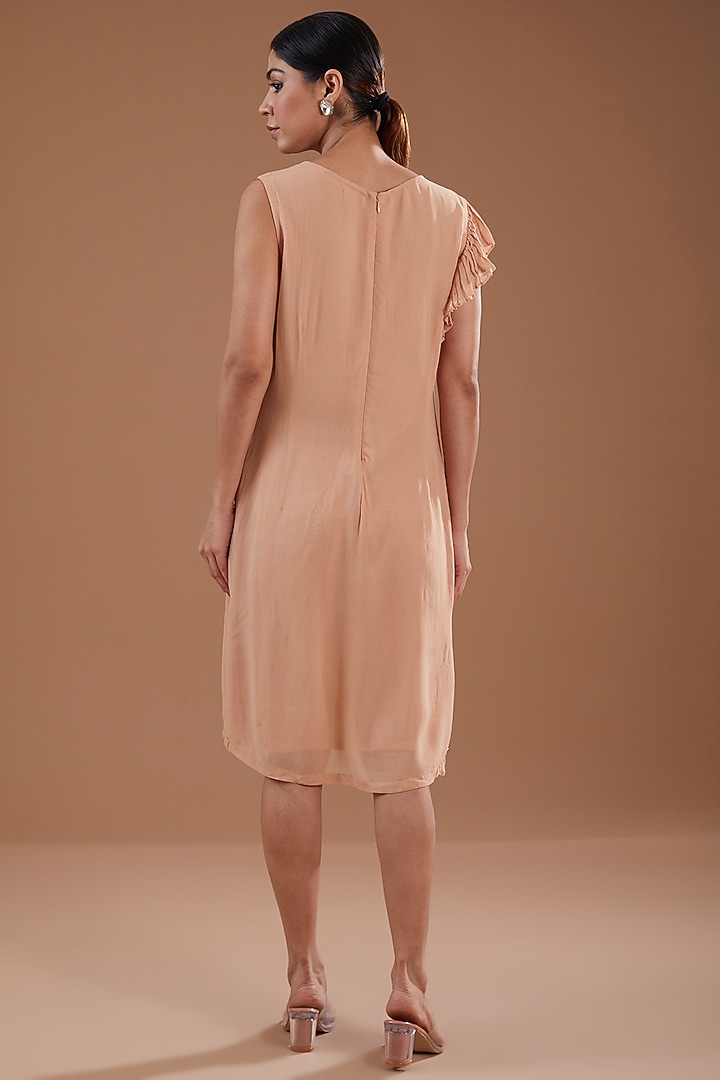 Peach Georgette Floral Printed & Hand Embroidered Pleated Summer Dress by YagaanaByP at Pernia's Pop Up Shop