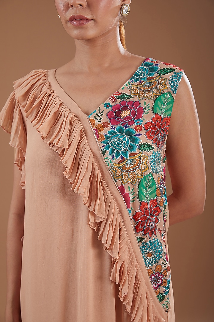 Peach Georgette Floral Printed & Hand Embroidered Pleated Summer Dress by YagaanaByP at Pernia's Pop Up Shop
