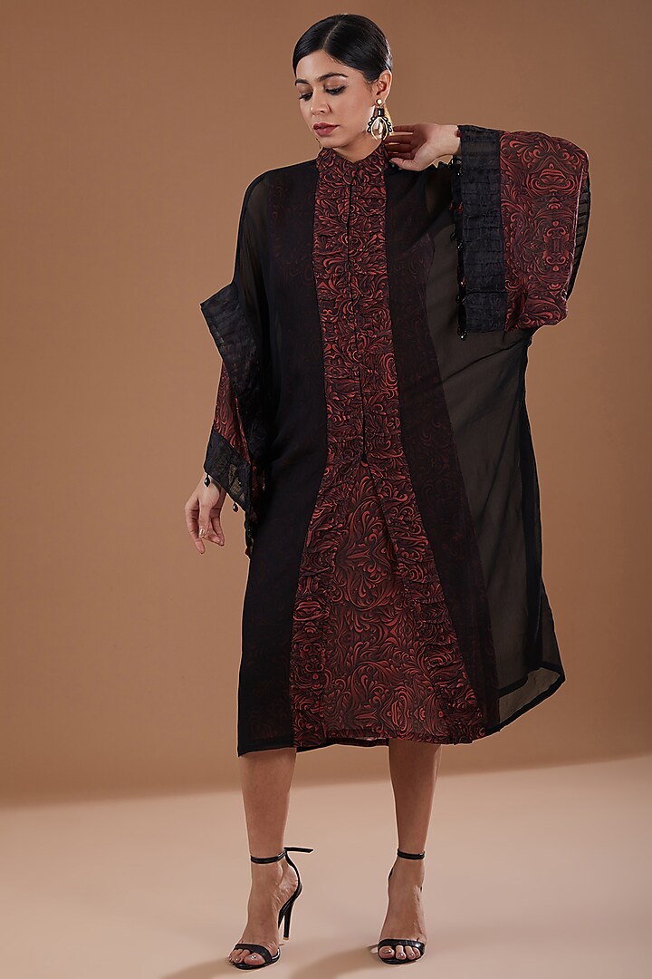 Black Georgette Abstract Printed & Crystals Embroidered Kaftan by YagaanaByP